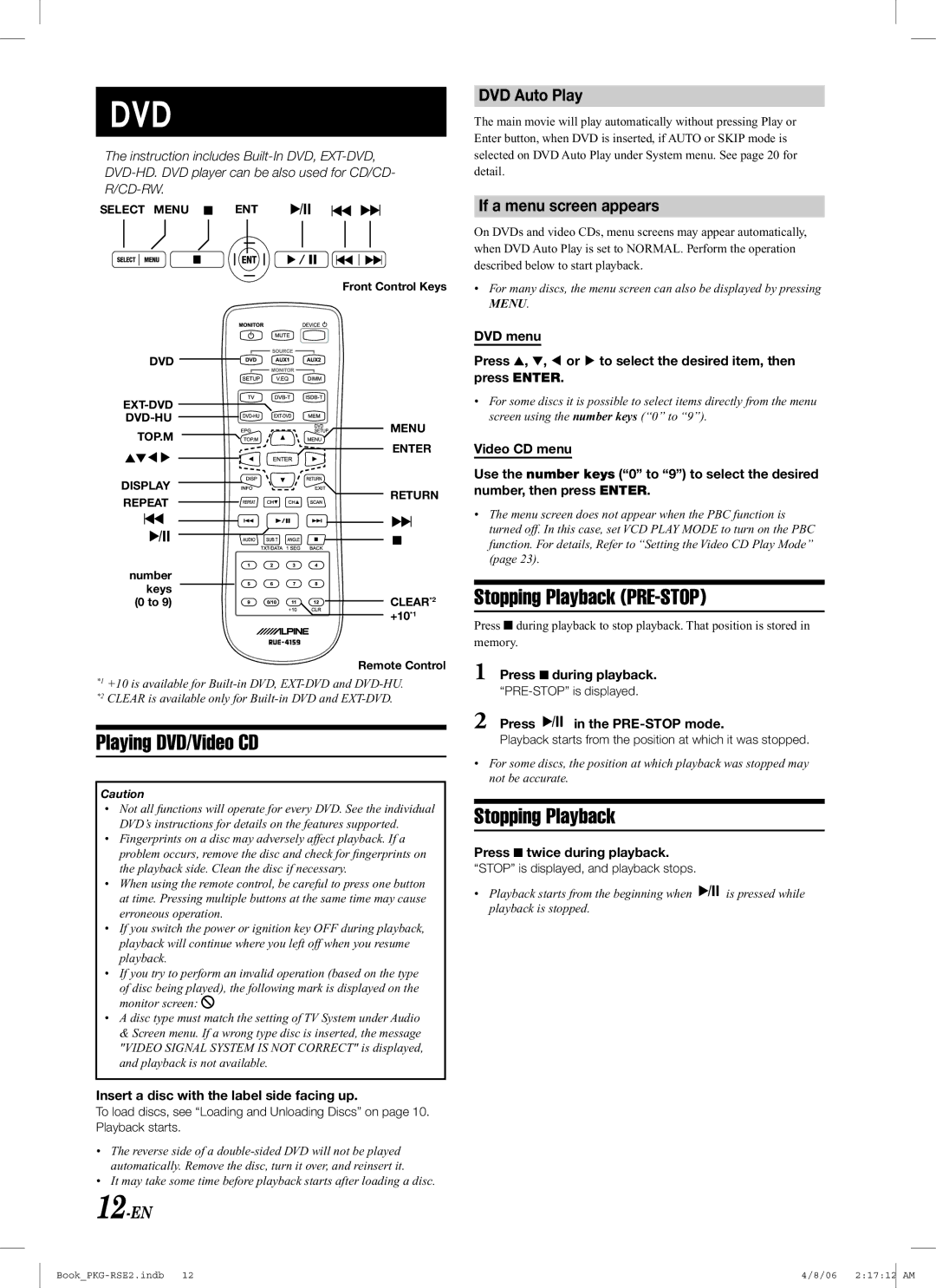 Alpine PKG-RSE2 owner manual Playing DVD/Video CD, Stopping Playback PRE-STOP, DVD Auto Play, If a menu screen appears 