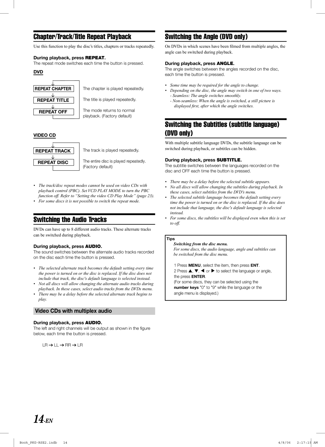 Alpine PKG-RSE2 owner manual Chapter/Track/Title Repeat Playback, Switching the Angle DVD only, Switching the Audio Tracks 