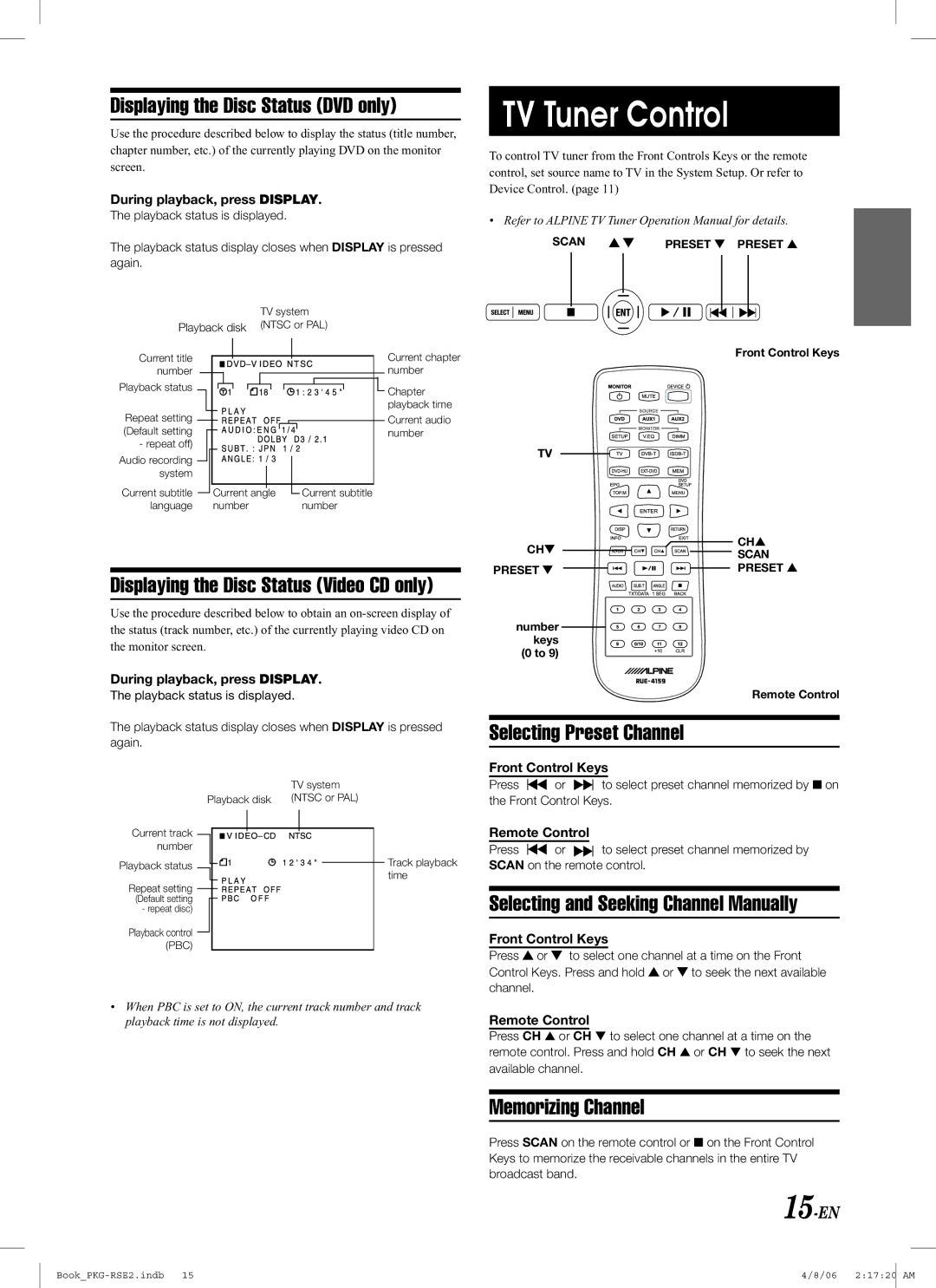 Alpine PKG-RSE2 TV Tuner Control, Displaying the Disc Status DVD only, Selecting Preset Channel, Memorizing Channel 