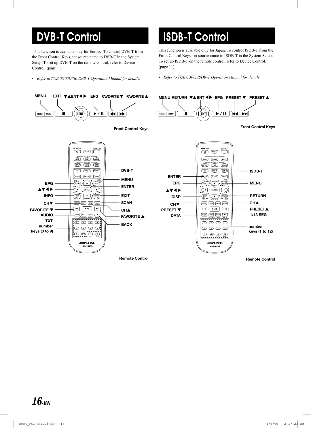 Alpine PKG-RSE2 owner manual DVB-T Control, 16-EN 