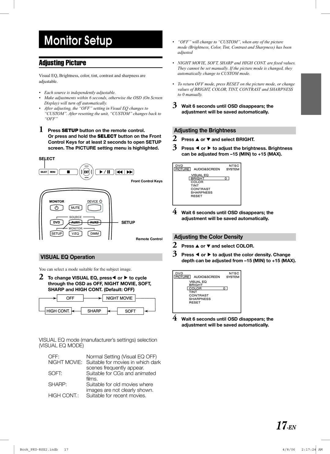 Alpine PKG-RSE2 owner manual Monitor Setup, Adjusting Picture, Adjusting the Brightness, Visual EQ Operation 