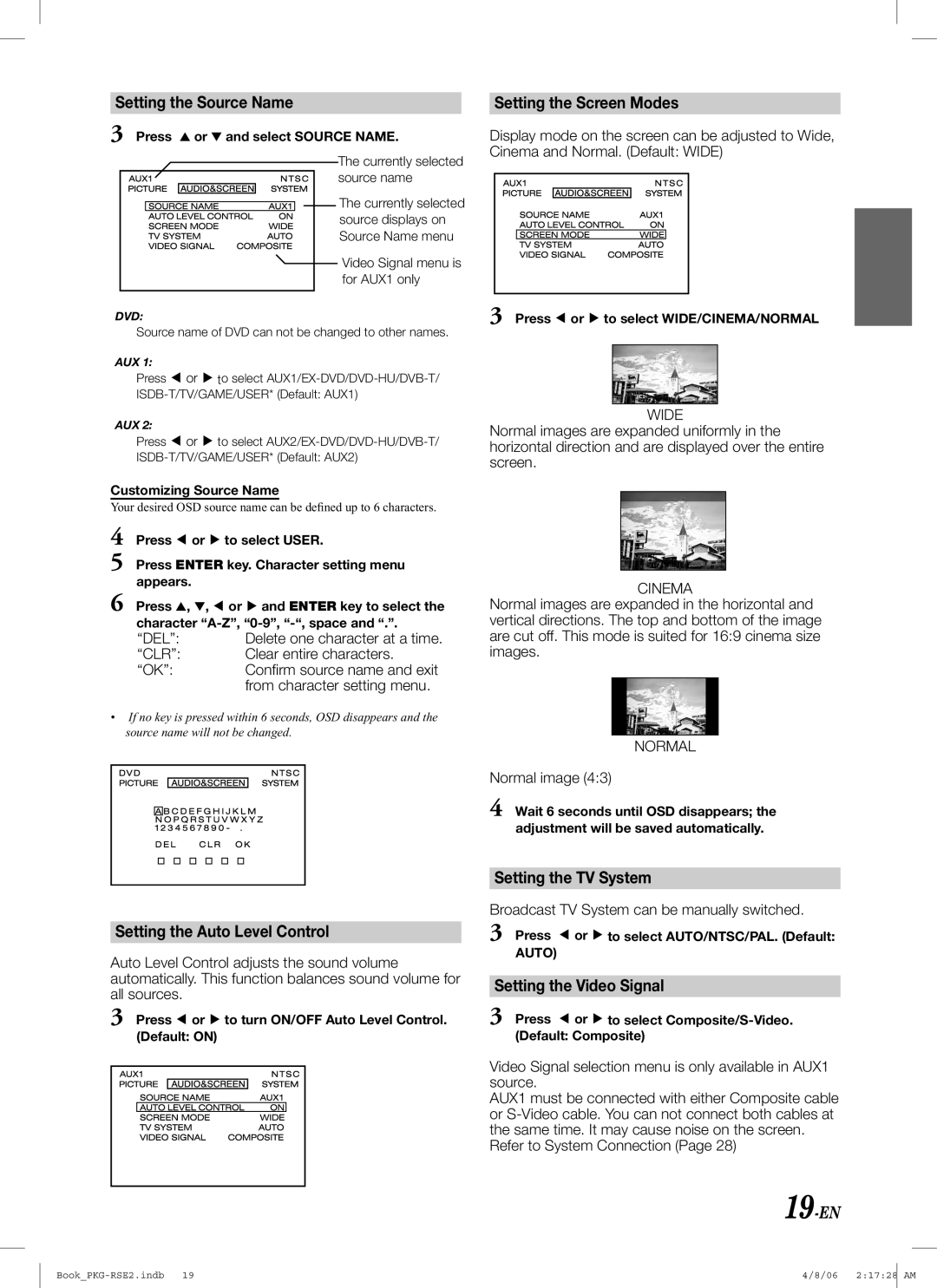 Alpine PKG-RSE2 Setting the Source Name, Setting the Auto Level Control, Setting the Screen Modes, Setting the TV System 