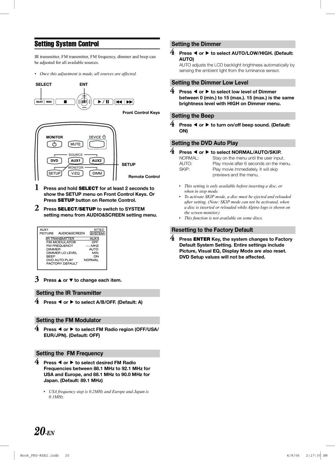 Alpine PKG-RSE2 owner manual Setting System Control 