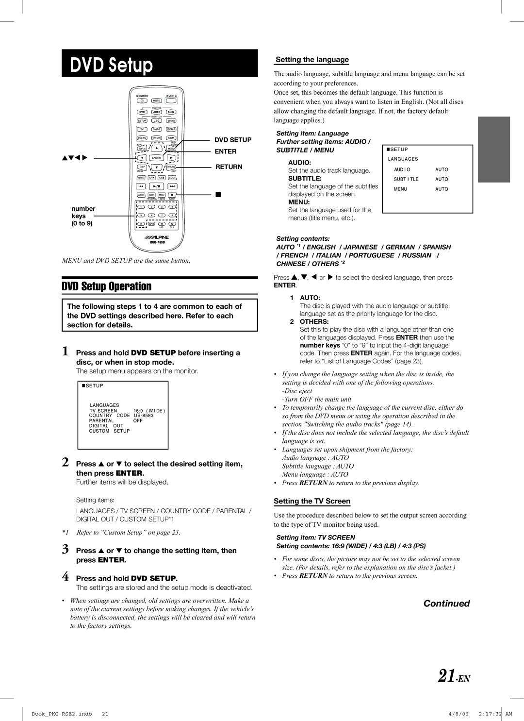 Alpine PKG-RSE2 owner manual DVD Setup Operation, 21-EN, Setting the language, Setting the TV Screen 