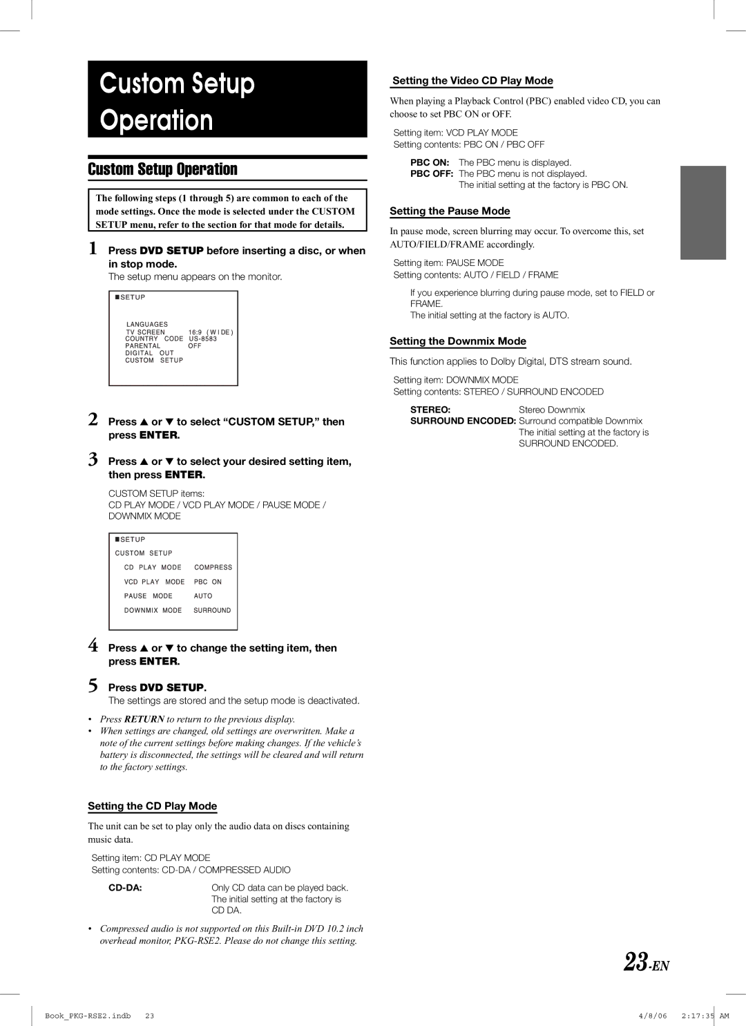 Alpine PKG-RSE2 owner manual Custom Setup Operation, 23-EN, Setting the Video CD Play Mode, Setting the Pause Mode 