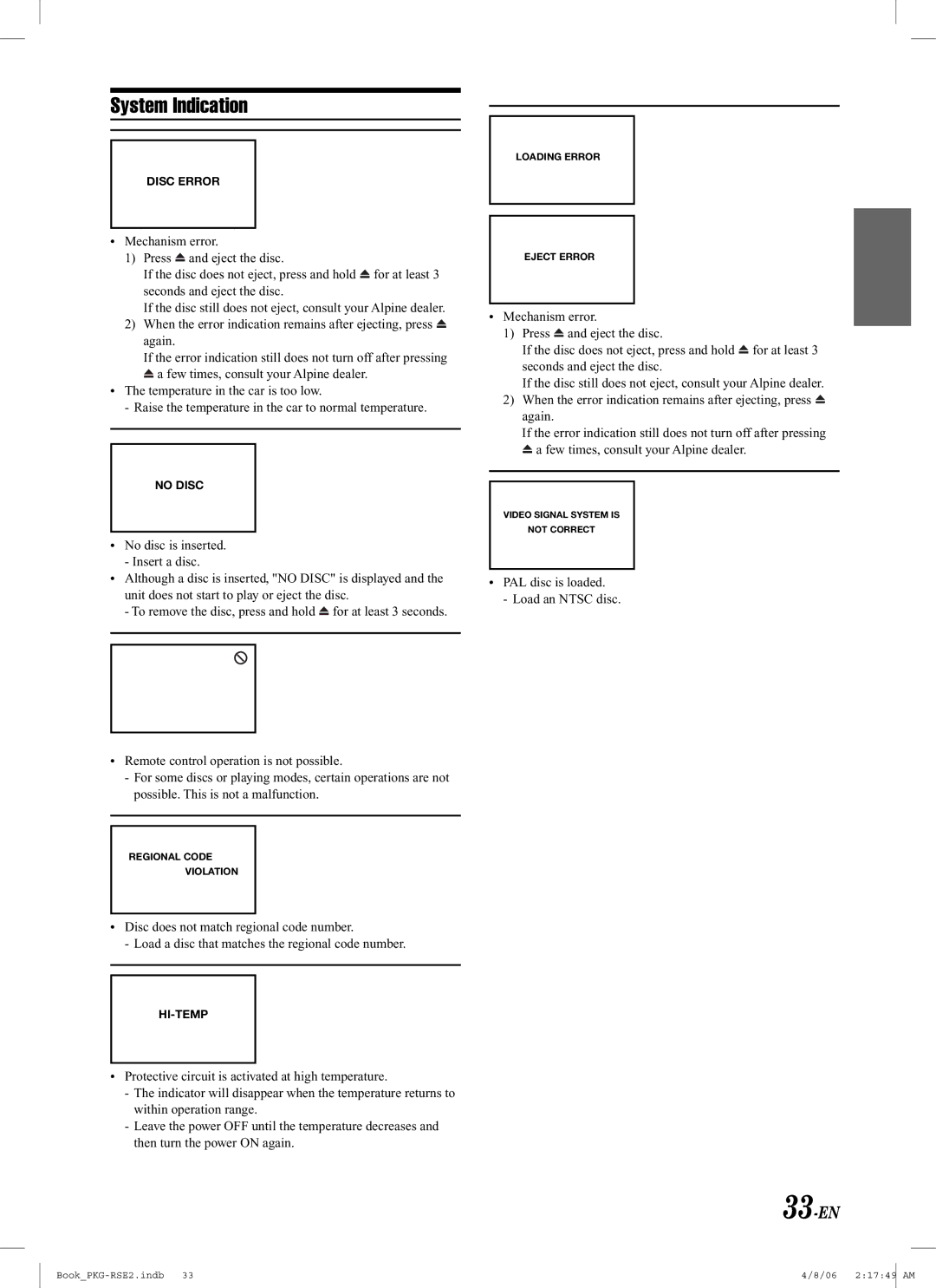 Alpine PKG-RSE2 owner manual System Indication, 33-EN 