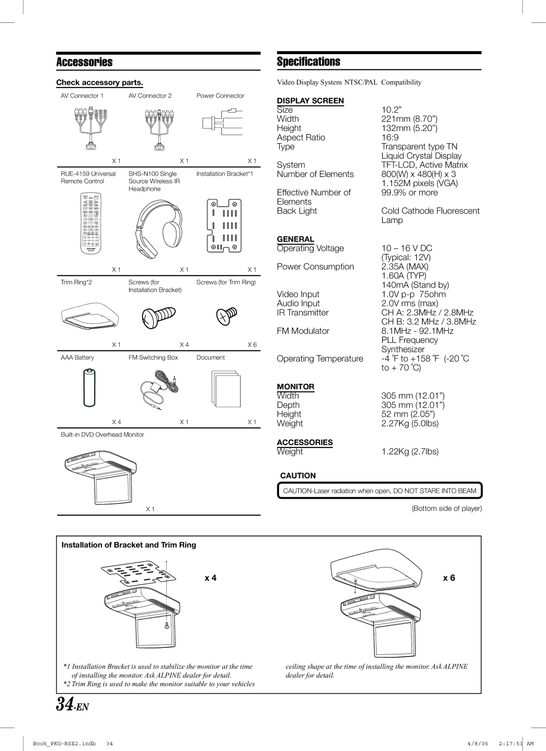 Alpine PKG-RSE2 owner manual Accessories, Speciﬁcations, 34-EN 