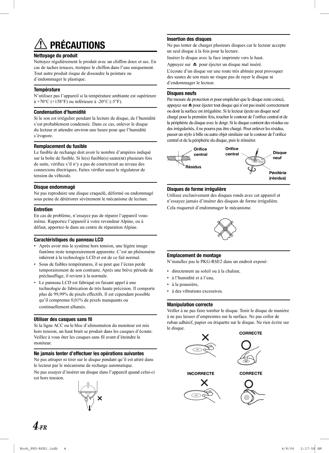 Alpine PKG-RSE2 owner manual Précautions 