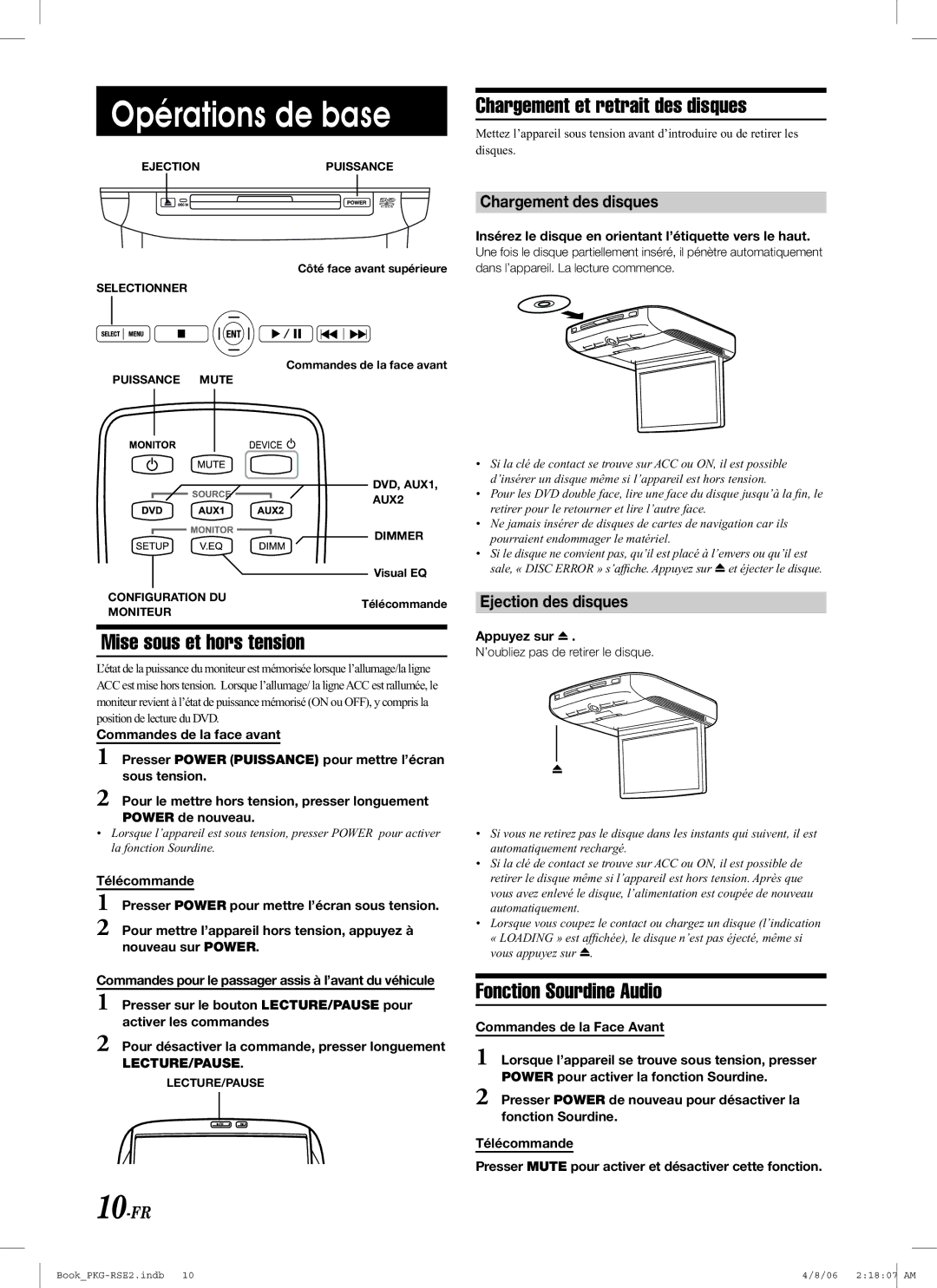 Alpine PKG-RSE2 Opérations de base, Chargement et retrait des disques, Mise sous et hors tension, Fonction Sourdine Audio 