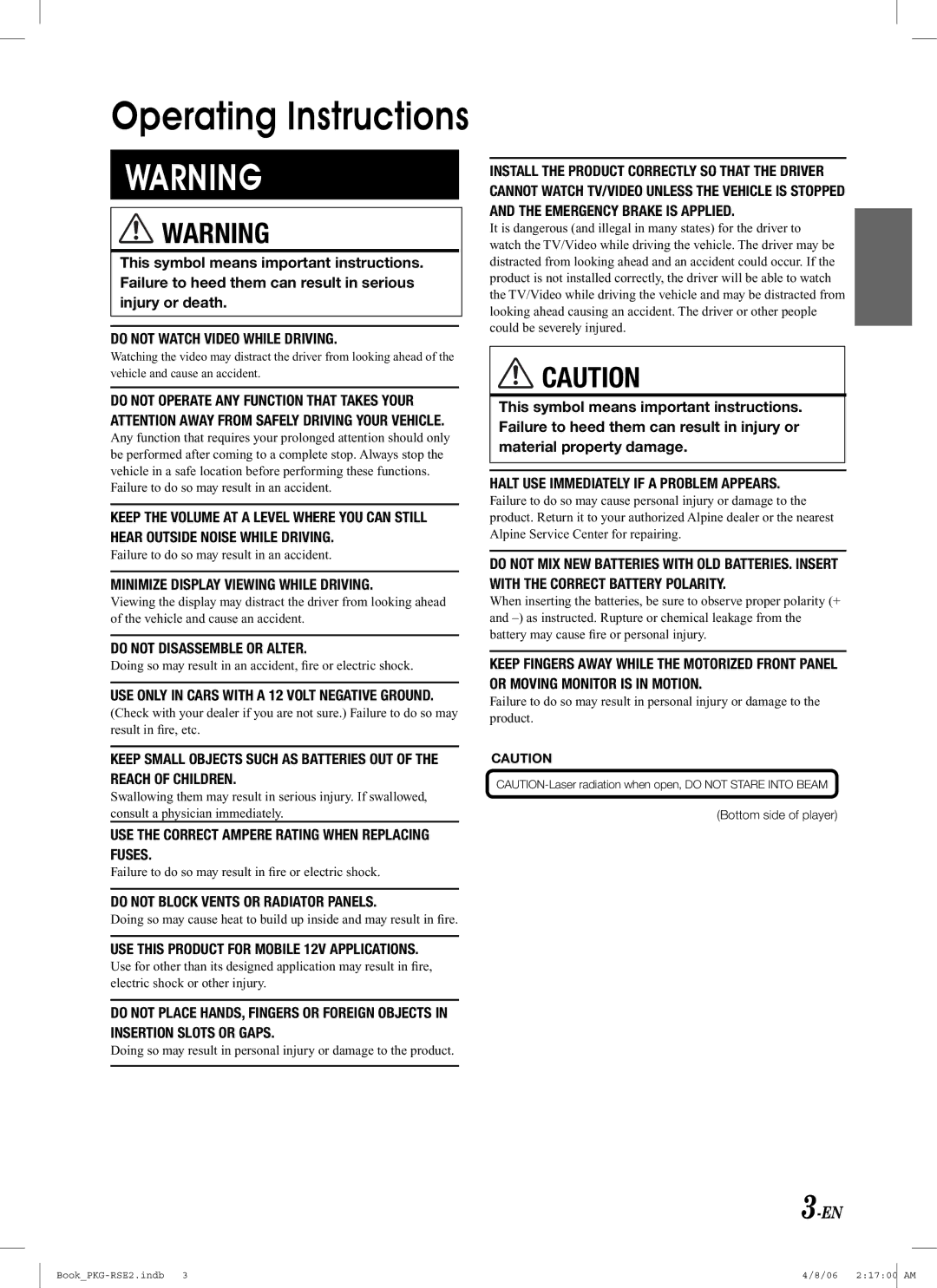 Alpine PKG-RSE2 owner manual USE only in Cars with a 12 Volt Negative Ground, Bottom side of player 