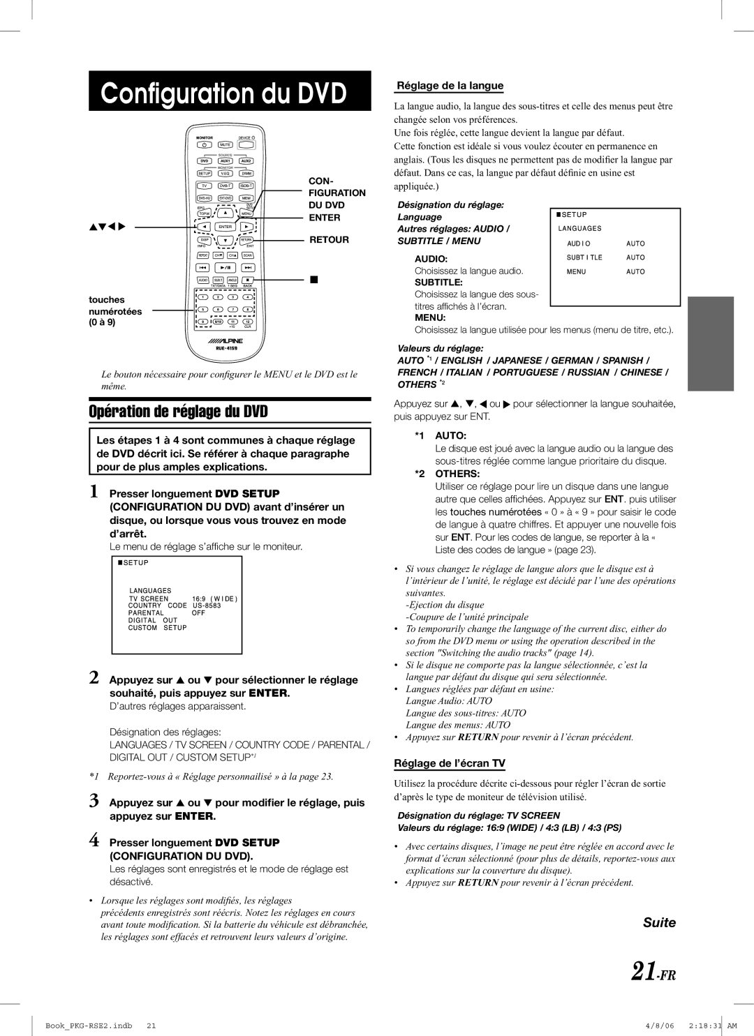 Alpine PKG-RSE2 Conﬁguration du DVD, Opération de réglage du DVD, 21-FR, Réglage de la langue, Réglage de l’écran TV 