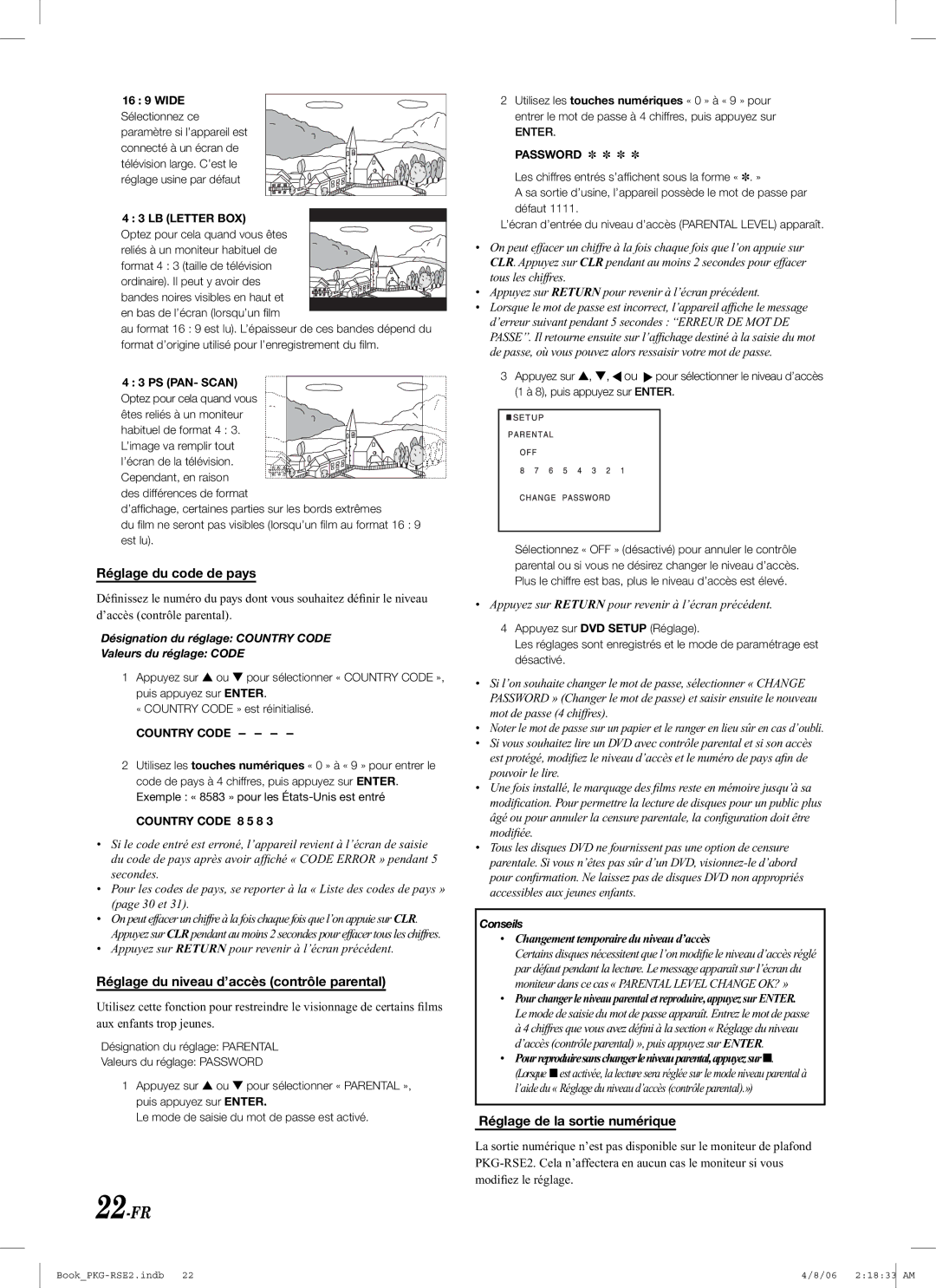 Alpine PKG-RSE2 owner manual 22-FR, Réglage du code de pays, Réglage du niveau d’accès contrôle parental 