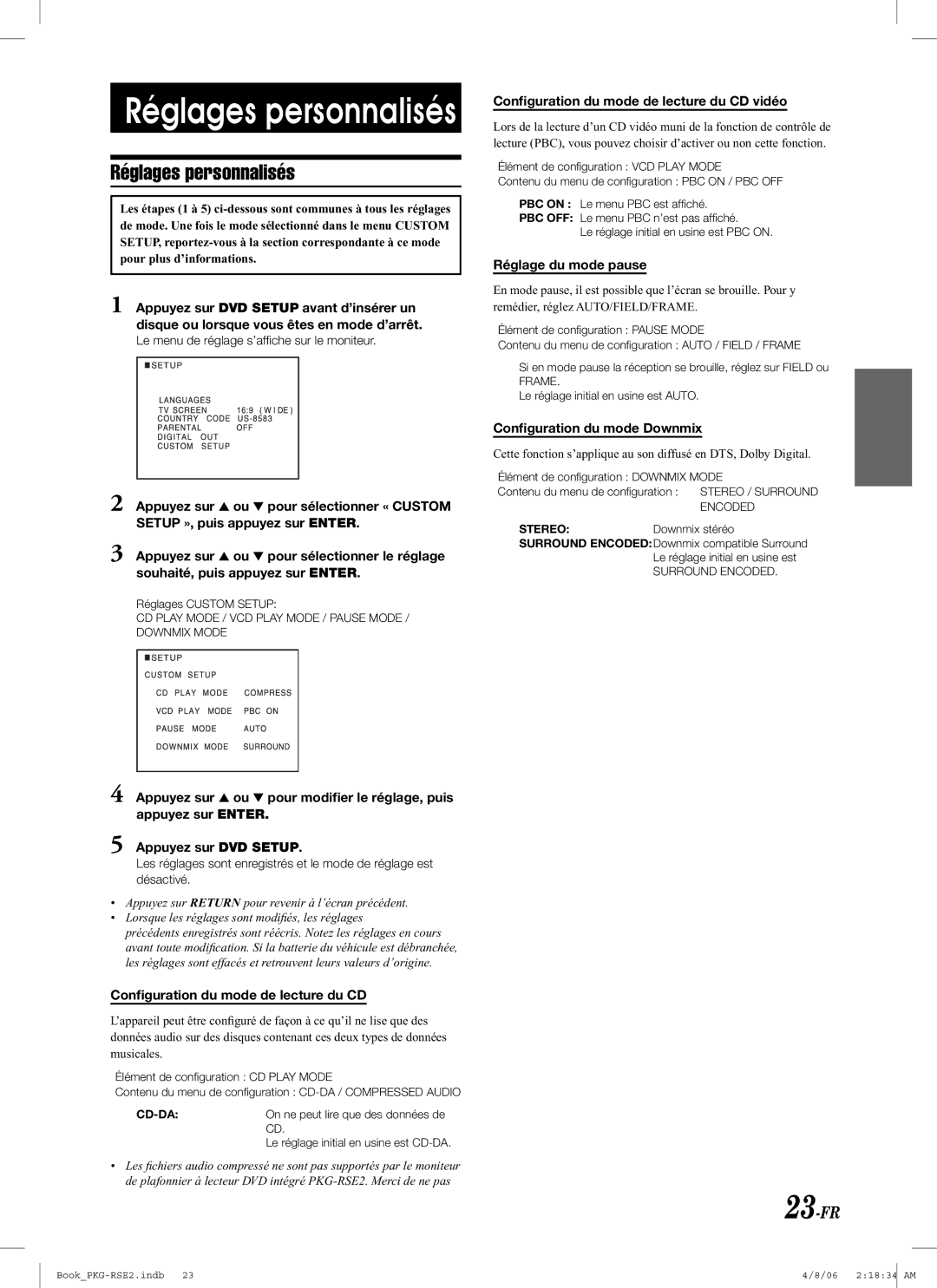 Alpine PKG-RSE2 23-FR, Conﬁguration du mode de lecture du CD vidéo, Réglage du mode pause, Conﬁguration du mode Downmix 