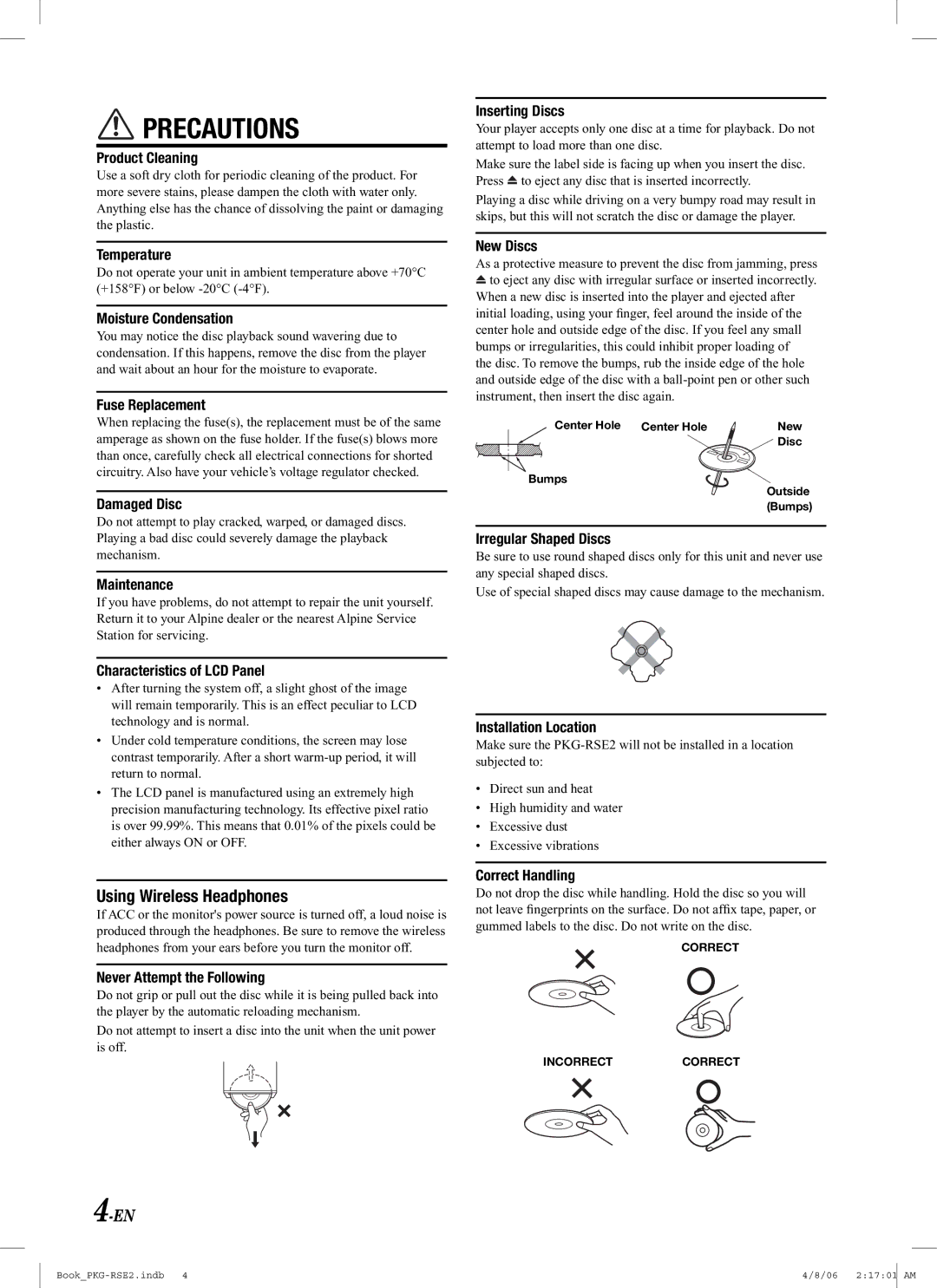 Alpine PKG-RSE2 owner manual Precautions 