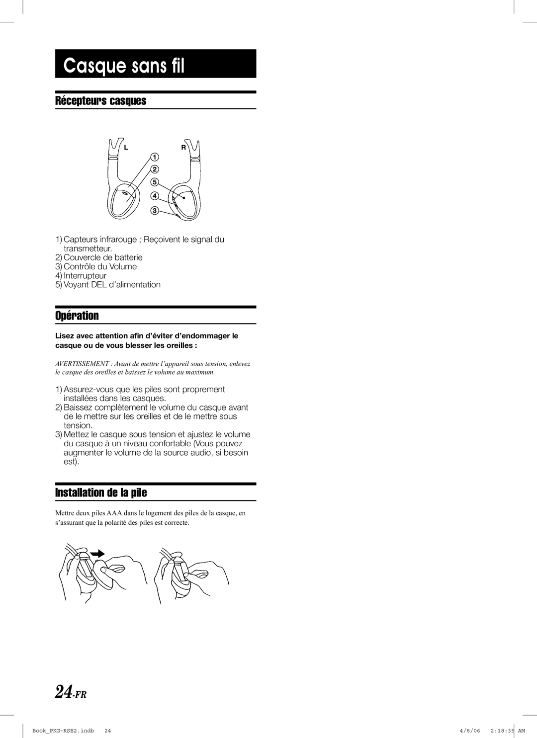 Alpine PKG-RSE2 owner manual Casque sans ﬁl, Récepteurs casques, Opération, Installation de la pile, 24-FR 