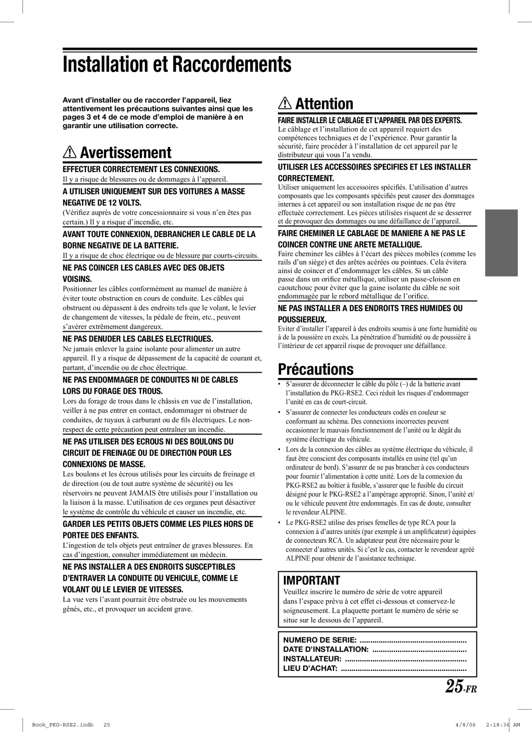 Alpine PKG-RSE2 owner manual 25-FR, Faire Installer LE Cablage ET L’APPAREIL PAR DES Experts 