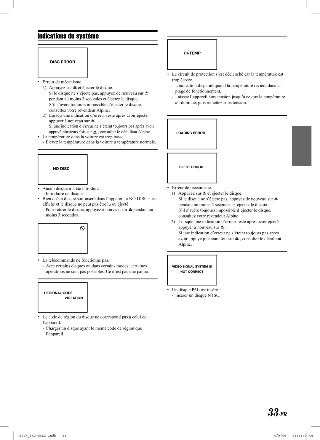 Alpine PKG-RSE2 owner manual Indications du système, 33-FR 