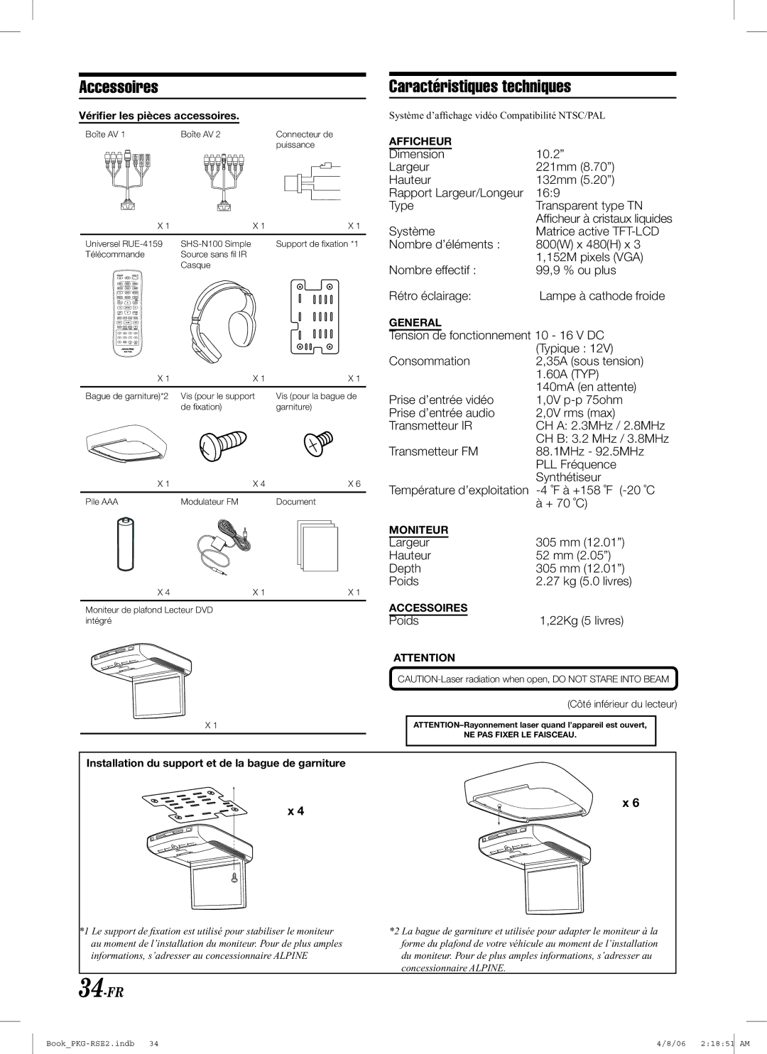 Alpine PKG-RSE2 owner manual Accessoires, Caractéristiques techniques, 34-FR 