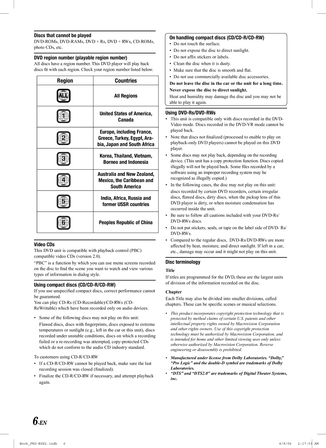 Alpine PKG-RSE2 owner manual Region, DVD region number playable region number 