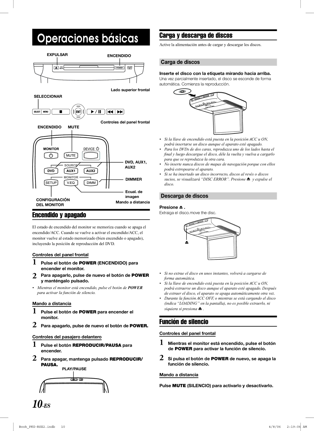 Alpine PKG-RSE2 owner manual Operaciones básicas, Carga y descarga de discos, Encendido y apagado, Función de silencio 