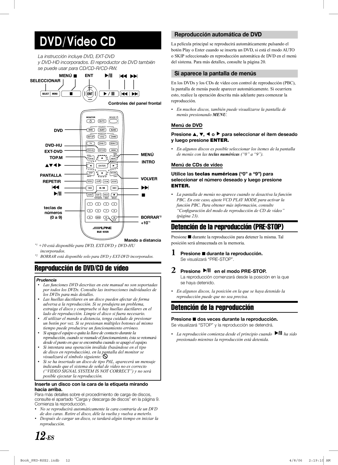 Alpine PKG-RSE2 owner manual DVD/Vídeo CD, Reproducción de DVD/CD de vídeo, Detención de la reproducción PRE-STOP 