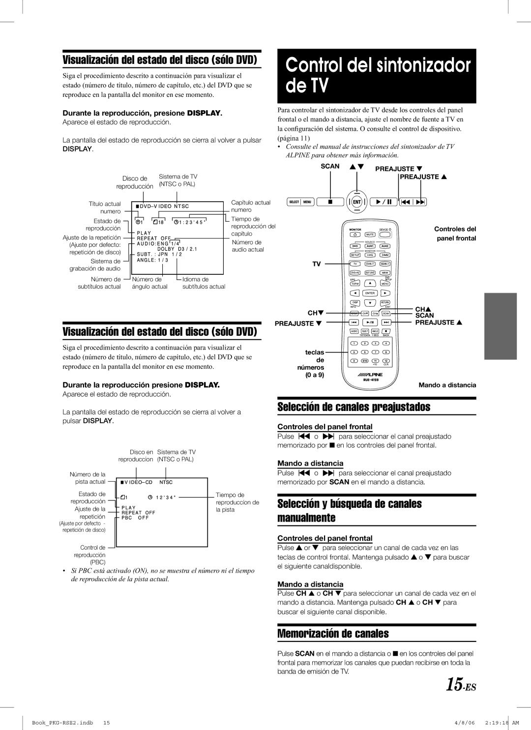 Alpine PKG-RSE2 Control del sintonizador de TV, Selección de canales preajustados, Memorización de canales, 15-ES 