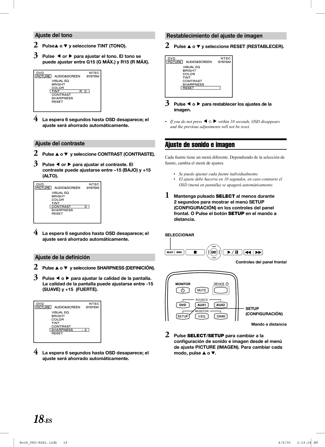 Alpine PKG-RSE2 Ajuste de sonido e imagen, Ajuste del tono, Restablecimiento del ajuste de imagen, Ajuste del contraste 