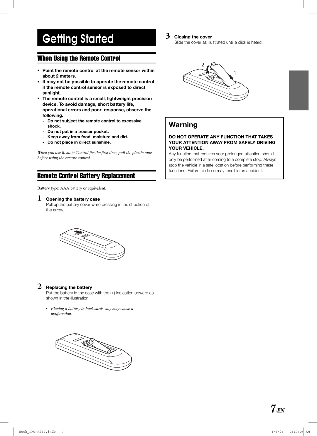 Alpine PKG-RSE2 owner manual Getting Started, When Using the Remote Control, Remote Control Battery Replacement 