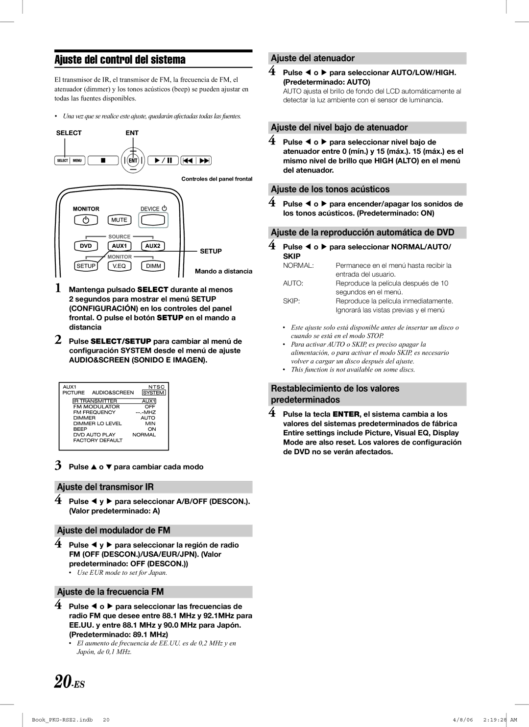 Alpine PKG-RSE2 owner manual Ajuste del control del sistema 