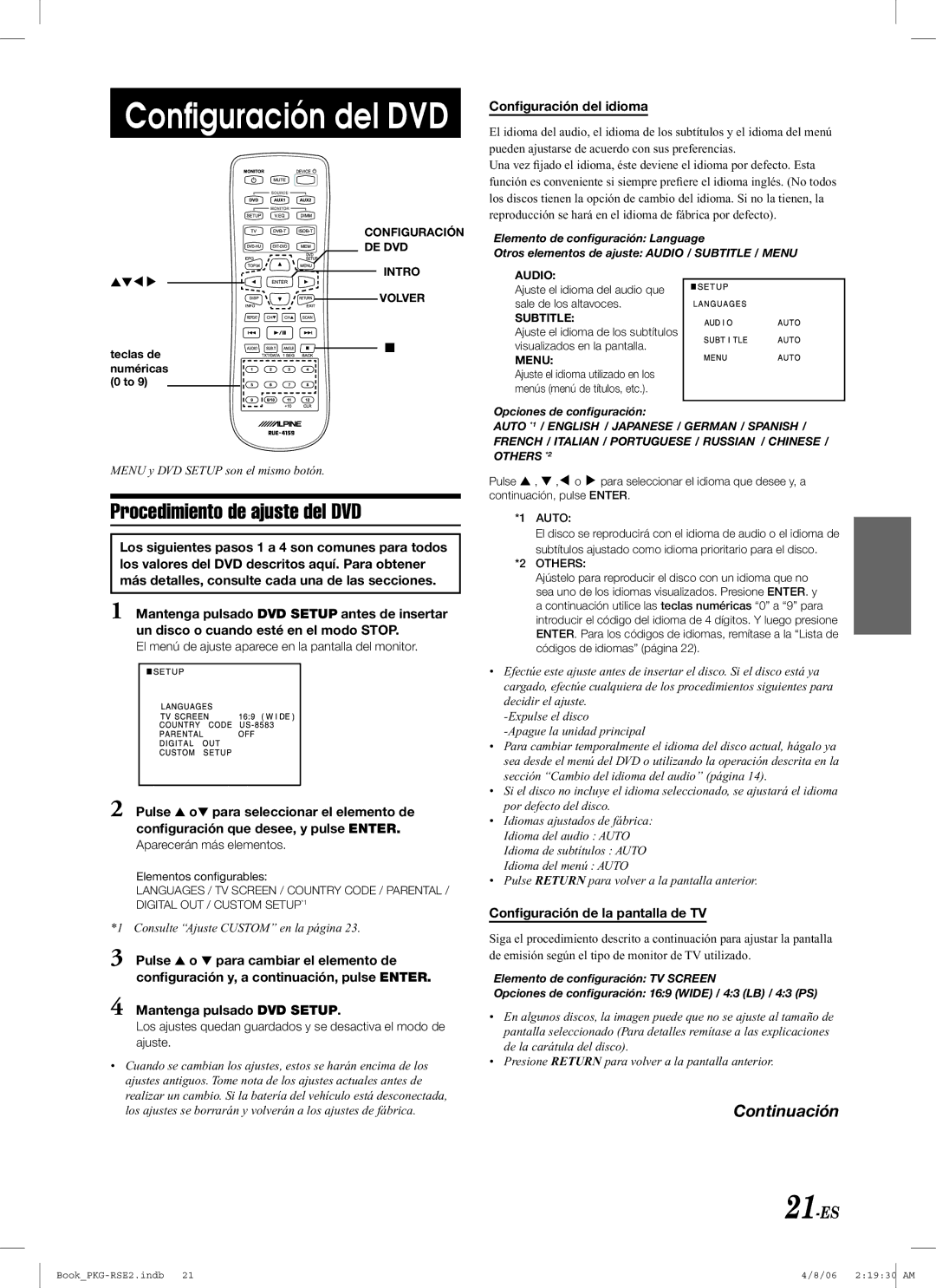 Alpine PKG-RSE2 owner manual Procedimiento de ajuste del DVD, 21-ES, Conﬁguración del idioma, Mantenga pulsado DVD Setup 