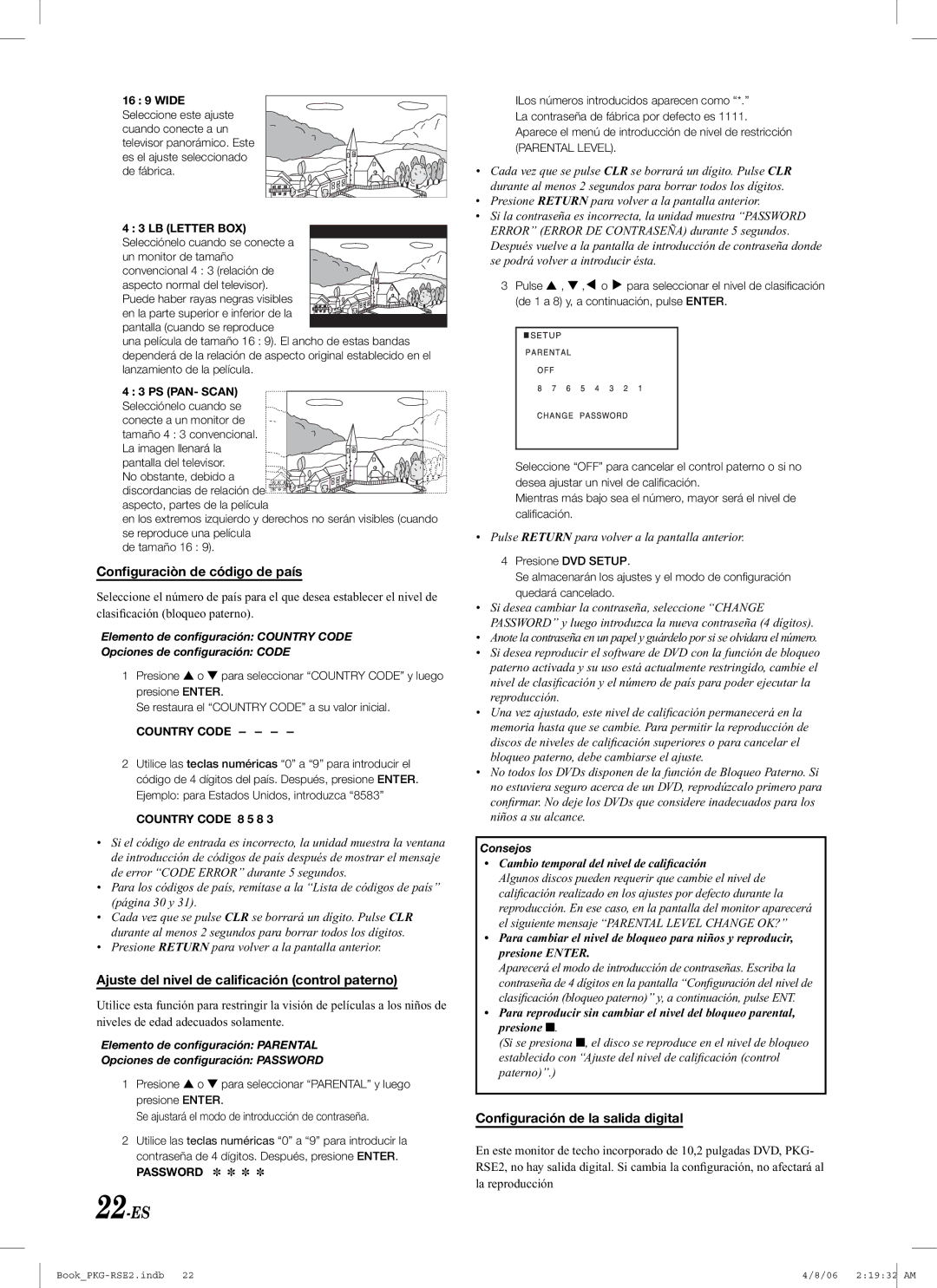 Alpine PKG-RSE2 owner manual 22-ES, Conﬁguraciòn de código de país, Ajuste del nivel de caliﬁcación control paterno 