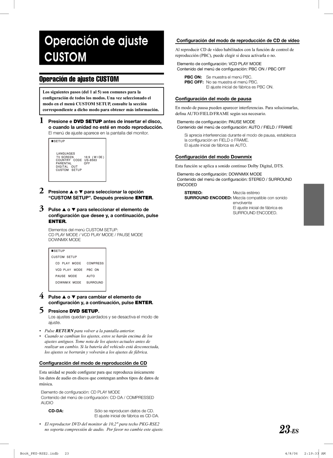 Alpine PKG-RSE2 owner manual Operación de ajuste Custom, 23-ES 