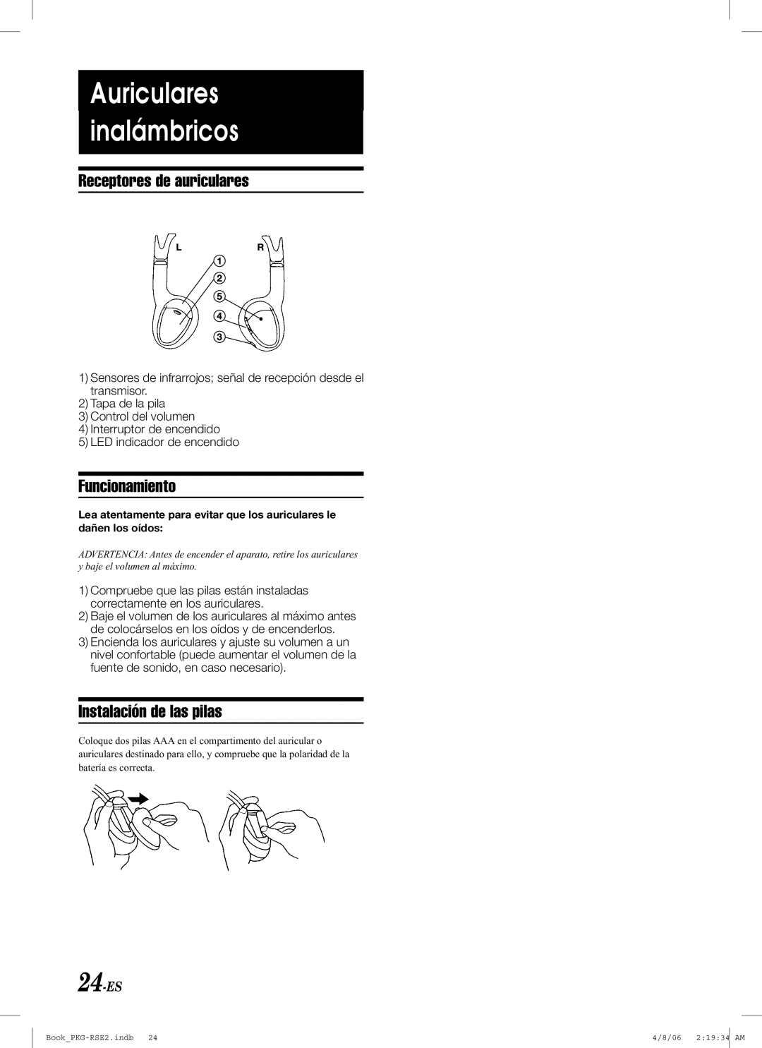 Alpine PKG-RSE2 owner manual Receptores de auriculares, Funcionamiento, Instalación de las pilas, 24-ES 