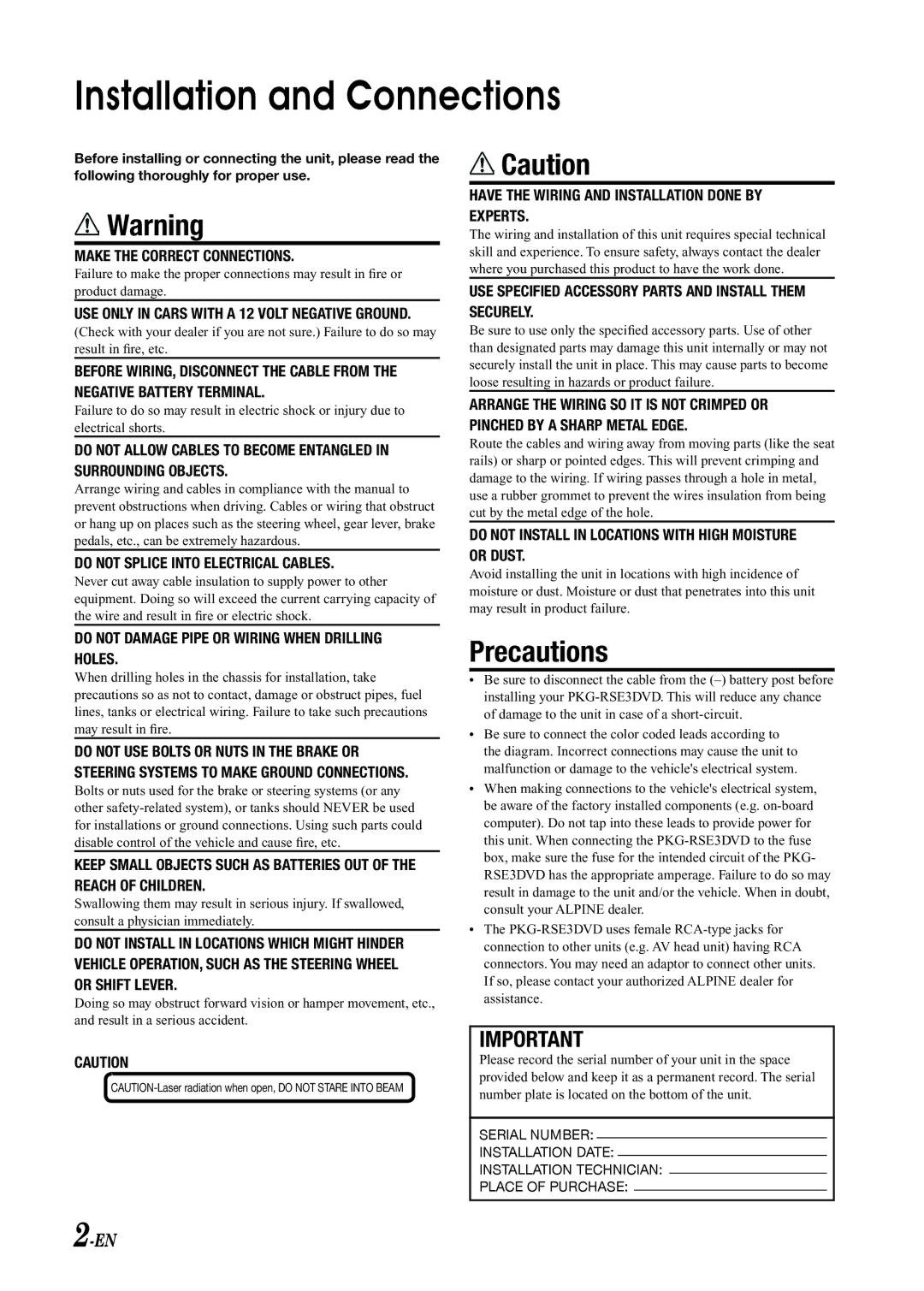 Alpine PKG-RSE3DVD installation manual Installation and Connections 