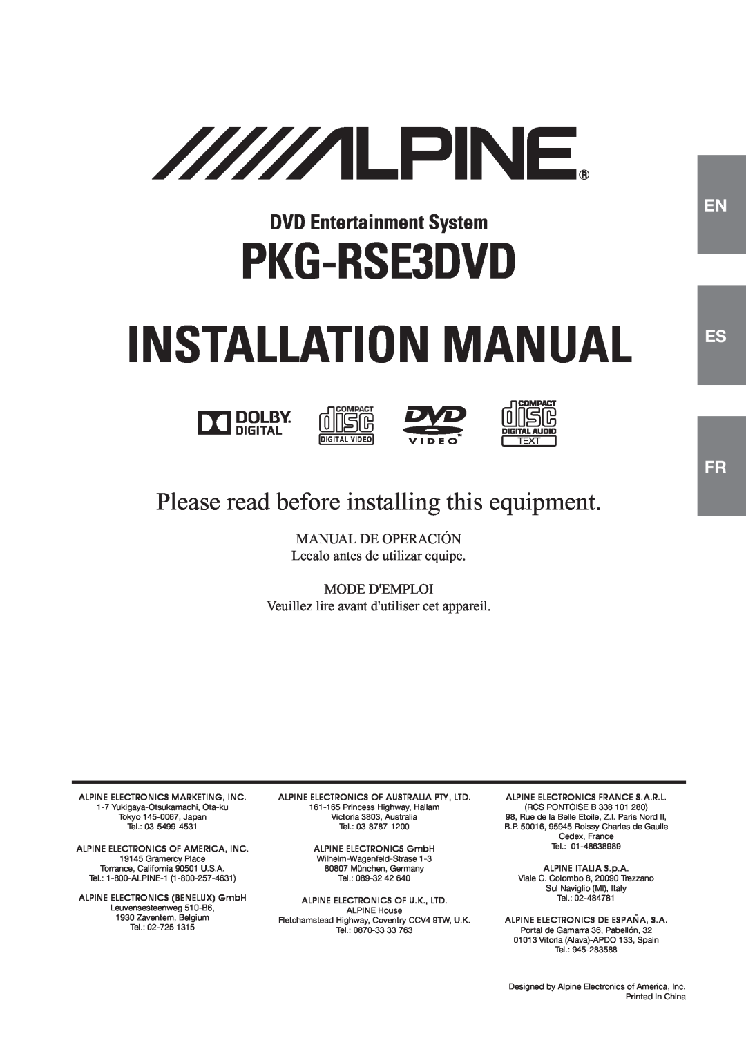 Alpine PKG-RSE3DVD installation manual Installation Manual, Please read before installing this equipment 
