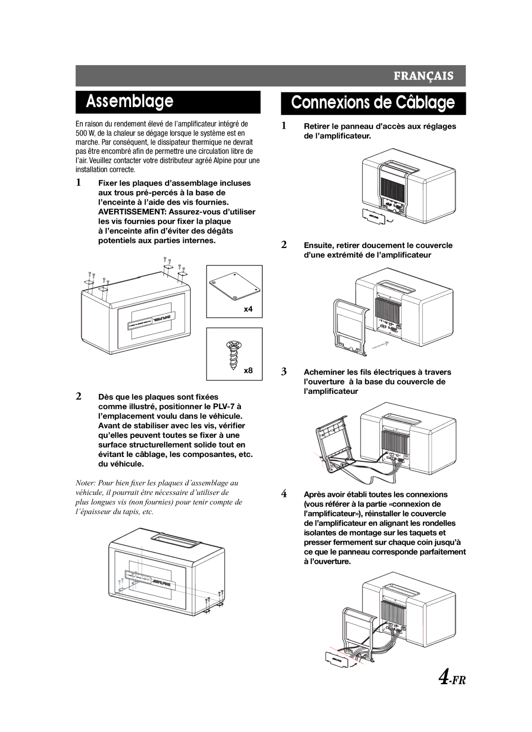 Alpine PLV-7 owner manual Assemblage, Connexions de Câblage 