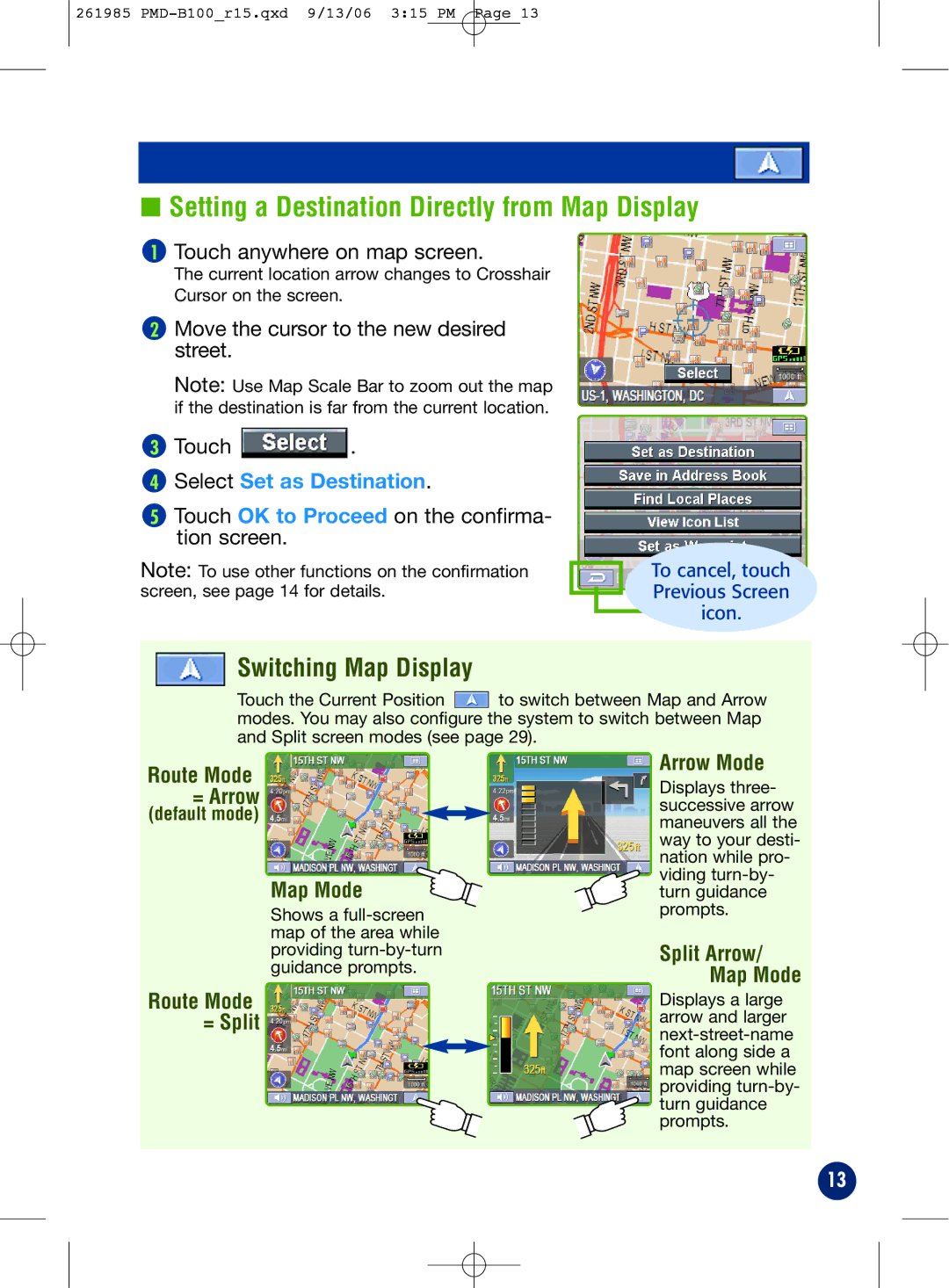 Alpine PMD-B100T Setting a Destination Directly from Map Display, Switching Map Display, Select Set as Destination 