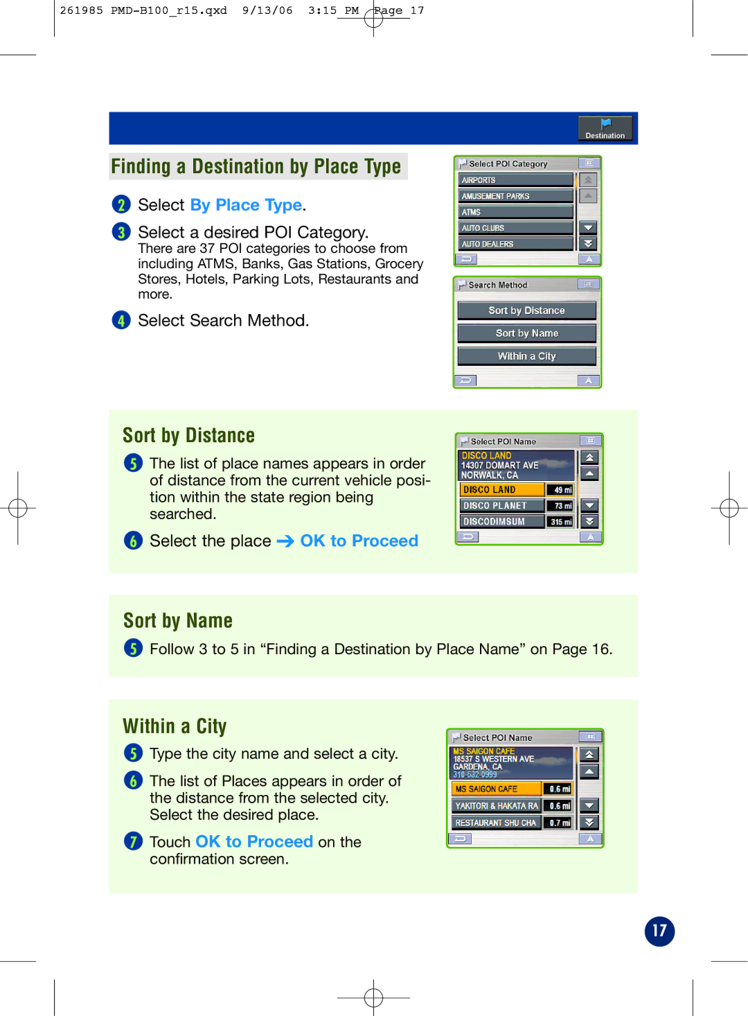 Alpine PMD-B100T Finding a Destination by Place Type, Sort by Distance, Sort by Name, Within a City, Select By Place Type 