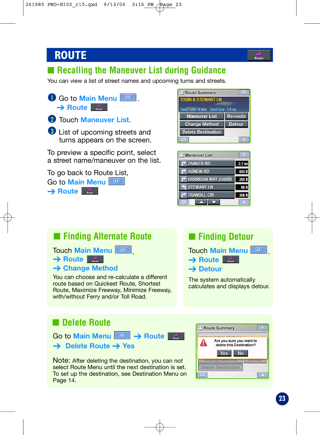 Alpine PMD-B100T Recalling the Maneuver List during Guidance, Finding Alternate Route, Finding Detour, Delete Route 