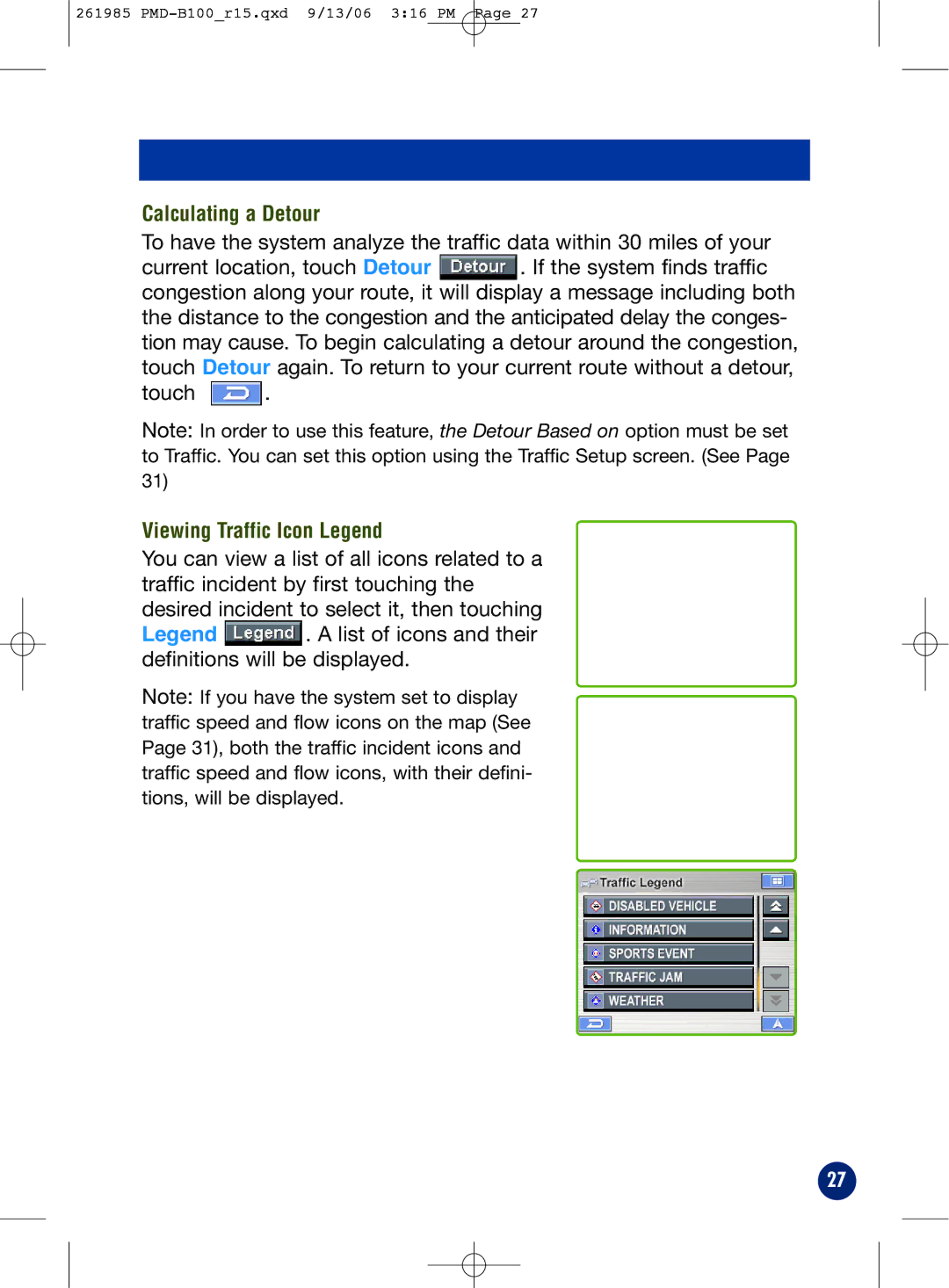 Alpine PMD-B100T owner manual Calculating a Detour, Viewing Traffic Icon Legend 