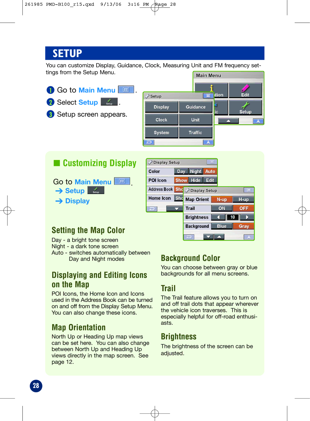 Alpine PMD-B100T owner manual Setup, Customizing Display 