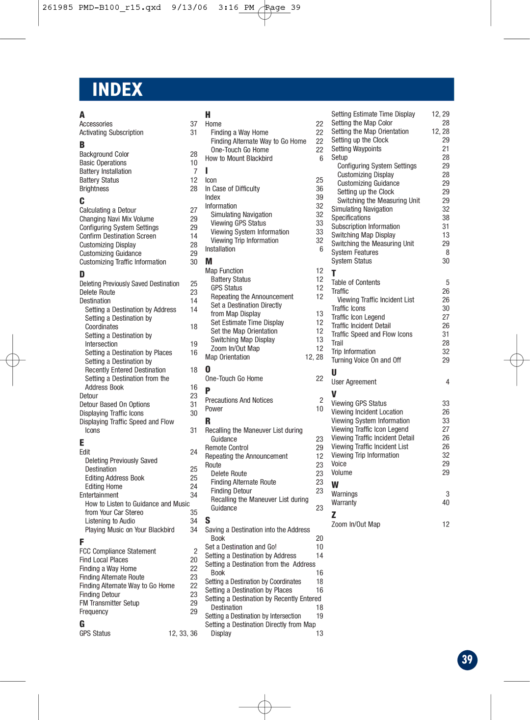 Alpine PMD-B100T owner manual Index, Finding a Way Home Book Finding Alternate Route 