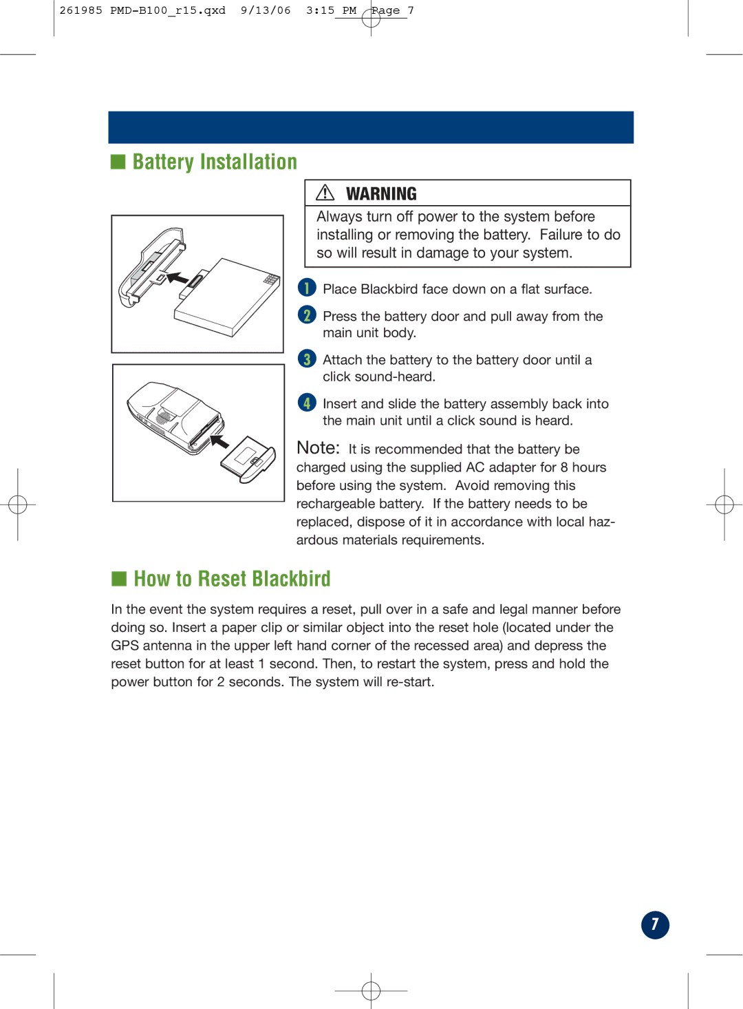 Alpine PMD-B100T owner manual Battery Installation, How to Reset Blackbird 