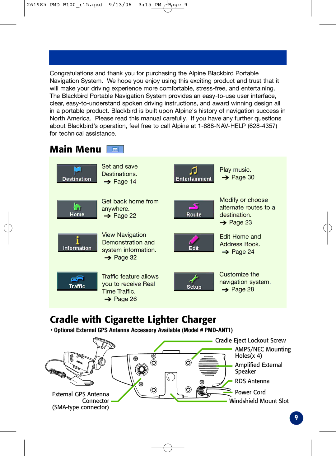 Alpine PMD-B100T owner manual Main Menu 