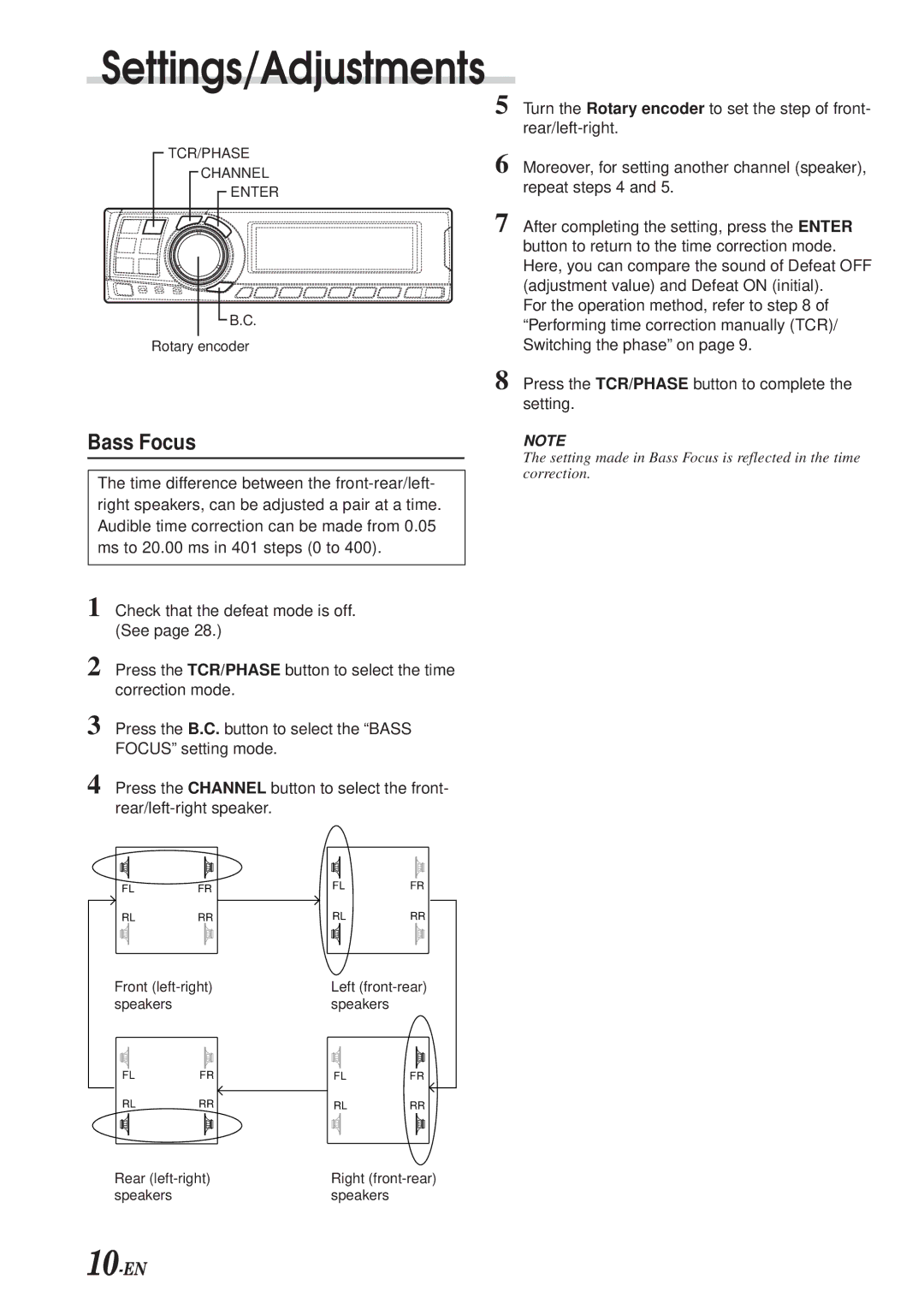 Alpine PXA-H700 owner manual Settings/Adjustments, Bass Focus 