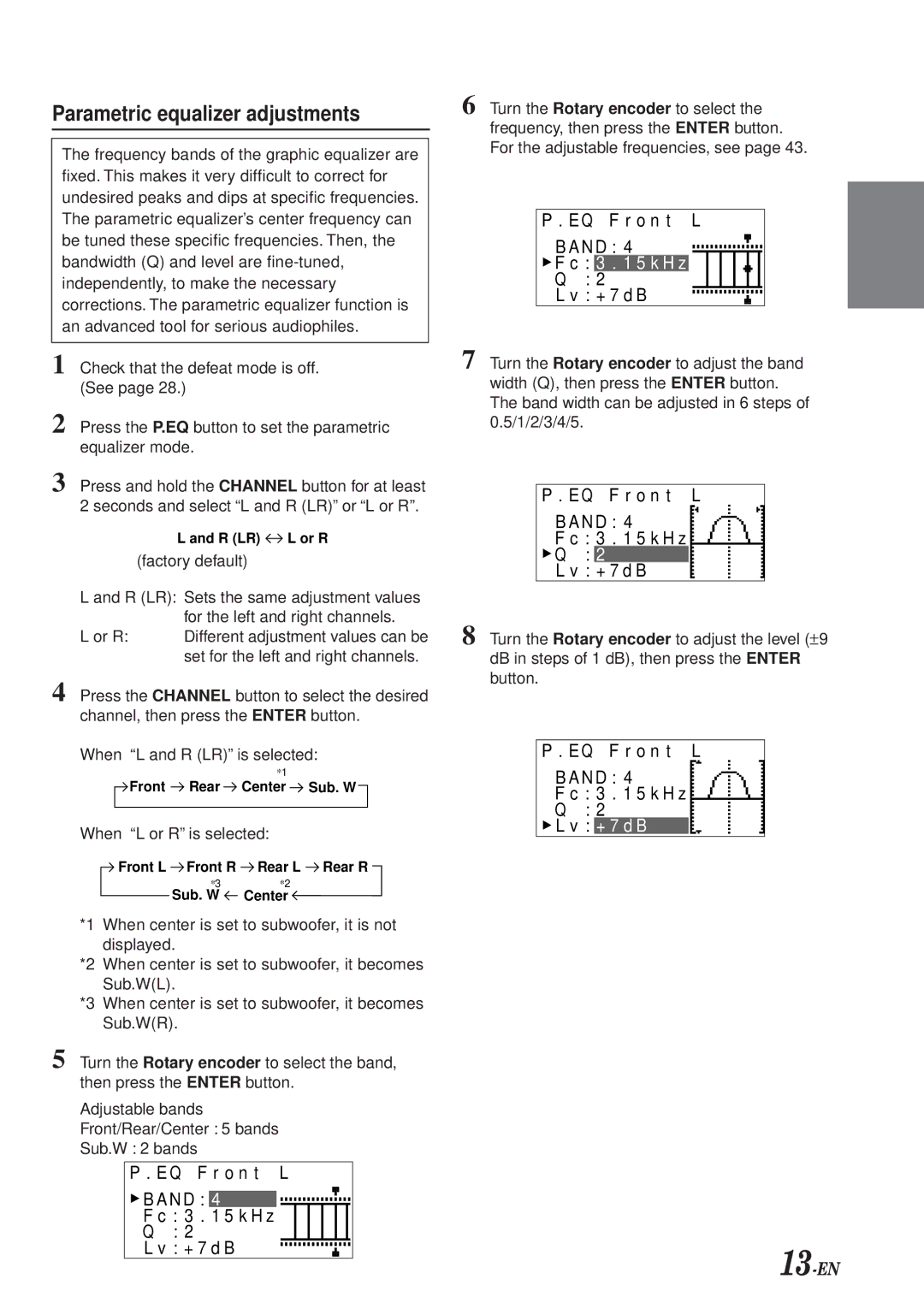 Alpine PXA-H700 owner manual Parametric equalizer adjustments, Q P F r o n t L N D 3 5 k H z + 7 d B 