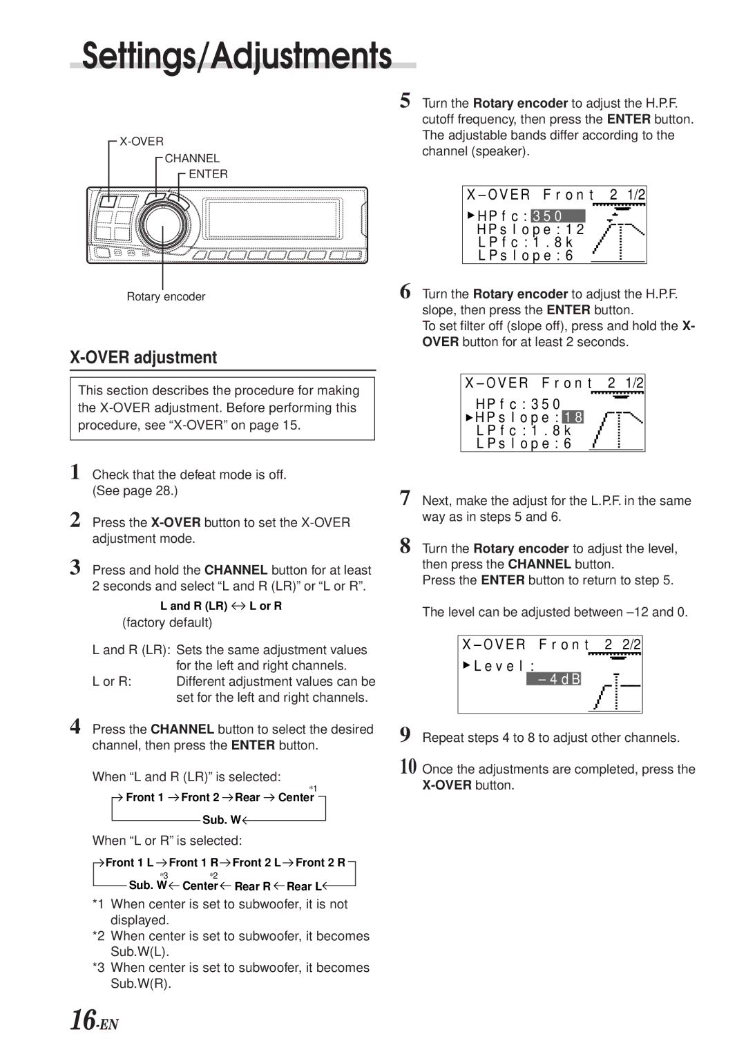 Alpine PXA-H700 owner manual Over adjustment, When L or R is selected 