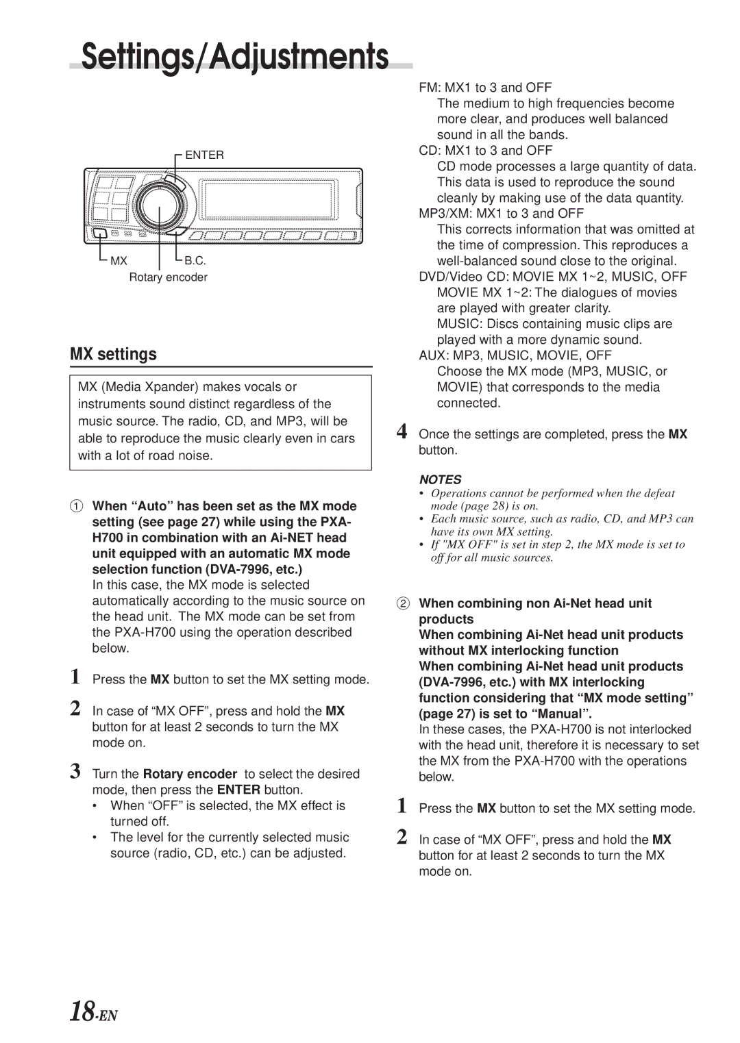 Alpine PXA-H700 owner manual MX settings, 18-EN 