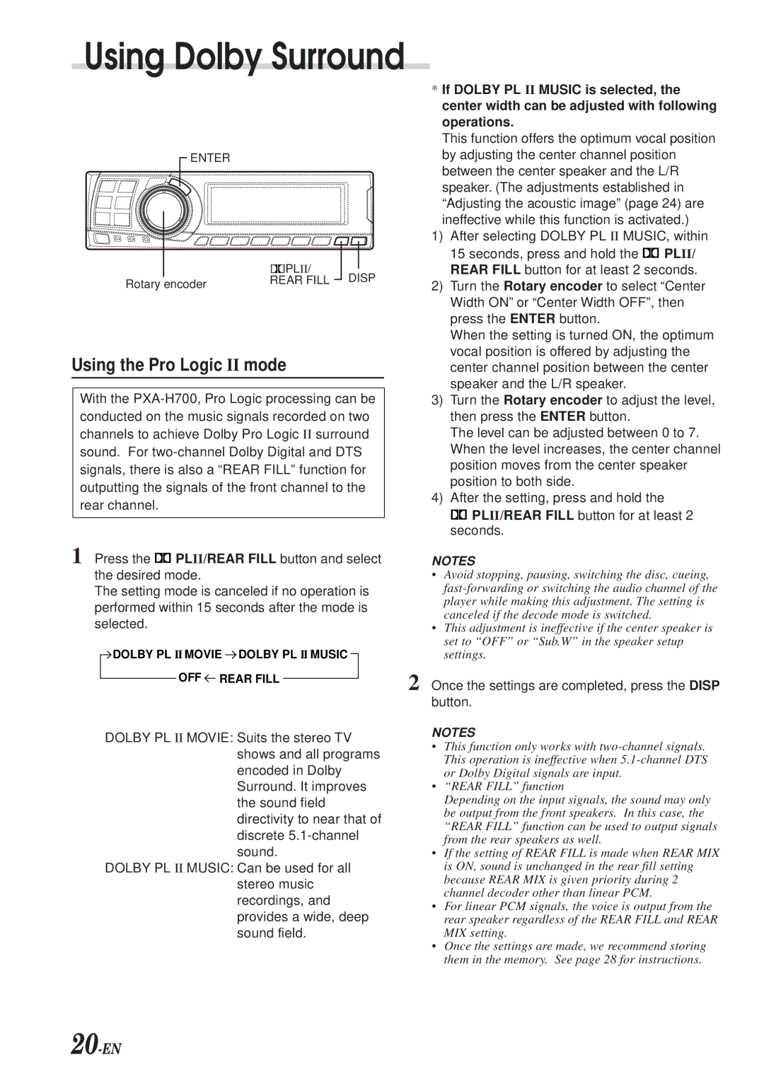 Alpine PXA-H700 owner manual Using Dolby Surround, Using the Pro Logic II mode 