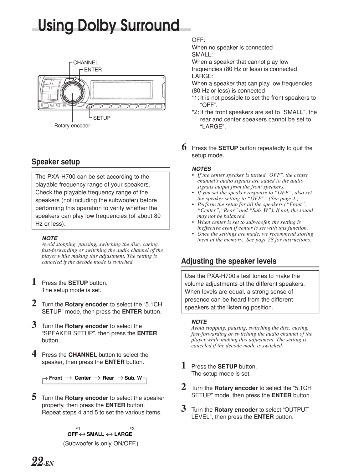 Alpine PXA-H700 owner manual Speaker setup, Adjusting the speaker levels 